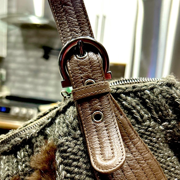 Salvatore Ferragamo Authentic Brown Mink. Grey Knit. Leather Trim Bag - Picture 7 of 14